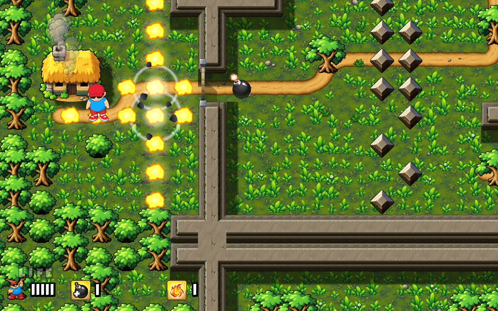 A forest level: bombs going off round the hero
